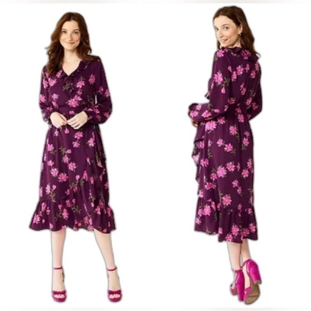 NWT Draper James RSVP Womens Small Purple Floral Long Sleeve Ruffle Wrap Dress S